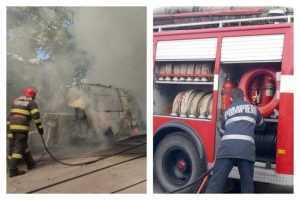Dubă încărcată cu paleți a luat foc într-o parcare la Dedulești ! 1 dubă foc