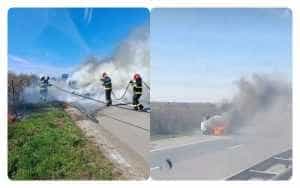 masina flacari a1 - (VIDEO) Clipe de groază pentru o șoferiță! Mașina i-a luat foc pe A1