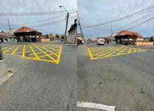 Pitești. Marcaj hașurat în intersecția străzii Exercițiu cu strada Traian 13 Sursă foto: Facebook Primăria Municipiului Pitești
