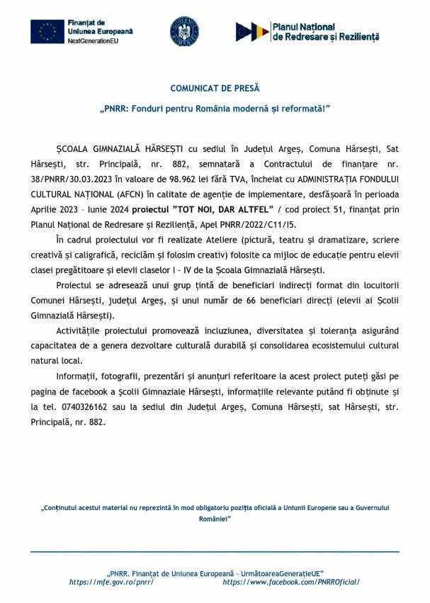 „PNRR: Fonduri pentru România modernă și reformată!” 1 anunt PNRR