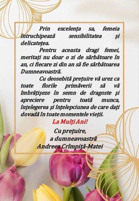 Andreea Crîmpiță-Matei, primar Mihăești: „Prin excelența sa femeia întruchipează sensibilitatea și delicatețea” 1 WhatsApp Image 2024 03 08 at 07.41.47 - Andreea Crîmpiță-Matei, primar Mihăești: „Prin excelența sa femeia întruchipează sensibilitatea și delicatețea”
