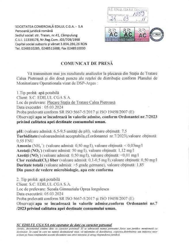 Comunicat calitatea apei nr 1559 din 11 martie page 0001 - CÂMPULUNG. Calitatea apei potabile verificată de S.C. EDILUL CGA S.A