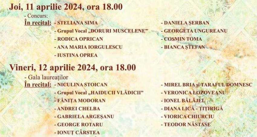 Pe 11 și 12 aprilie va avea loc la Topoloveni FESTIVALUL CONCURS NAȚIONAL AL CÂNTECULUI POPULAR ROMÂNESC „TITA BĂRBULESCU”, ediția a VIII-a 2 festival la Topoloveni