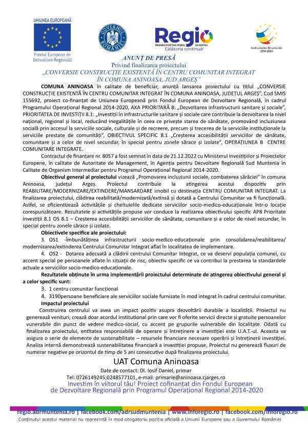 Anunț privind finalizarea proiectului „CONVERSIE CONSTRUCȚIE EXISTENTĂ ÎN CENTRU COMUNITAR INTEGRAT ÎN COMUNA ANINOASA, JUD ARGEȘ” 1 2 Domnesti - Anunț privind finalizarea proiectului „CONVERSIE CONSTRUCȚIE EXISTENTĂ ÎN CENTRU COMUNITAR INTEGRAT ÎN COMUNA ANINOASA, JUD ARGEȘ”