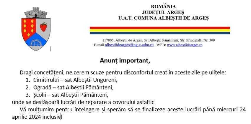 Anunț de interes pentru locuitorii comunei Albeștii de Argeș 1 Anunt_asfaltare_Albeștii de Argeș