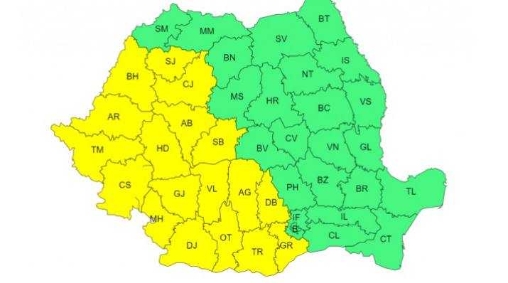 Cod galben de instabilitate atmosferică și ploi torențiale în Argeș! 1 harta cod galben ANM