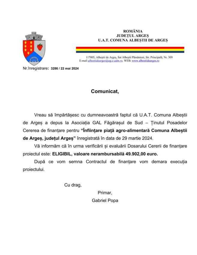 ALBEȘTII DE ARGEȘ. Vești bune transmise de primarul Gabriel Popa 1 Albeștii de Argeș