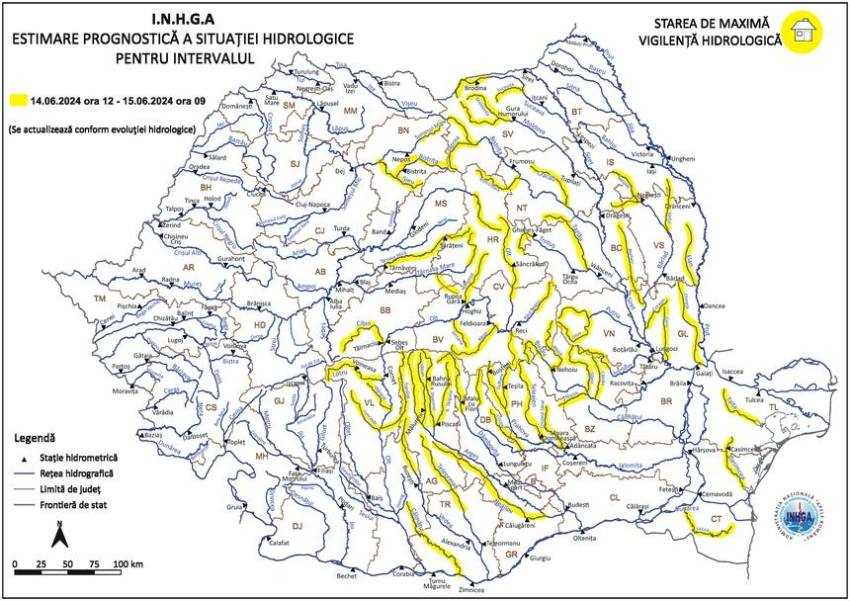 Pericol de inundații în județul Argeș! 1 harta hidro 14 iun 24 - Pericol de inundații în județul Argeș!