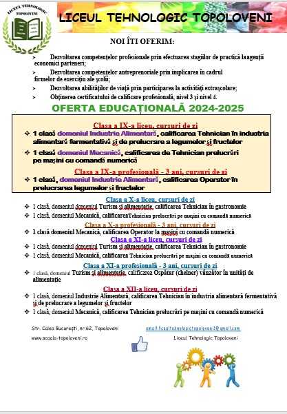 Liceul Tehnologic Topoloveni formează tineri pentru piața muncii cu specializările Mecanică, Alimentație Publică și Turism și Industria alimentară 2 Oferta educationala - Liceul Tehnologic Topoloveni formează tineri pentru piața muncii cu specializările Mecanică, Alimentație Publică și Turism și Industria alimentară
