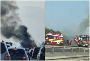 page 1 - (VIDEO) Incendiu pe Autostrada A1 București-Pitești! Mașină Tesla distrusă de flăcări