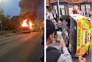 video revolta in leeds romanii au atacat si rasturnat o masina de politie autoritatile ar fi incercat sa ia copiii unei familii 2 83430600 - Haos provocat de români pe străzile din Leeds. Autobuz incendiat, mașină de poliție răsturnată