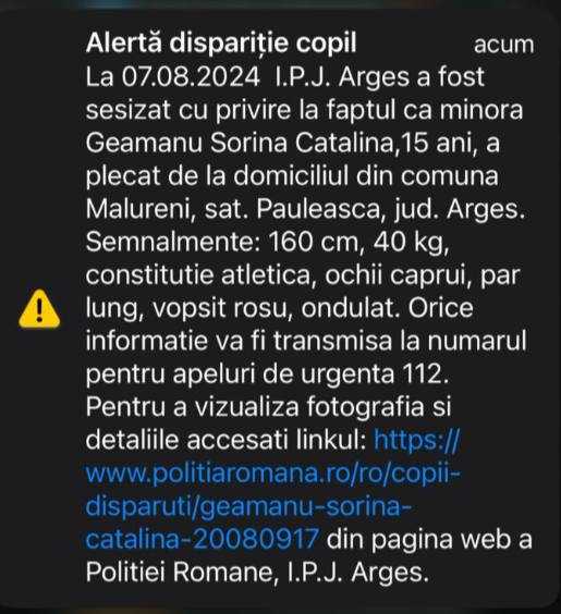 ro alert - Mesaj RO-ALERT în cazul unei adolescente din Argeș dată dispărută
