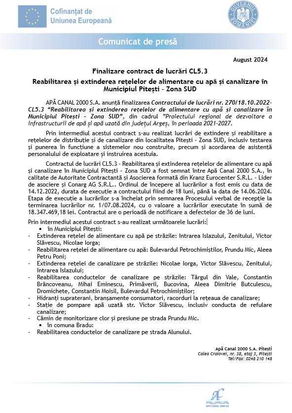Reabilitarea și extinderea rețelelor de alimentare cu apă și canalizare în Municipiul Pitești – Zona SUD 1 apa canal de comunicat