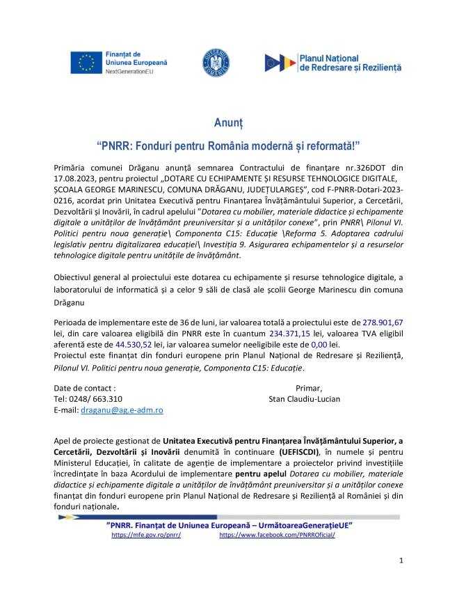 PNRR: Fonduri pentru România modernă și reformată! 1 Anunt PNRR DOTARE SCOALA - PNRR: Fonduri pentru România modernă și reformată!