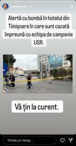 5b3a5848 38fa 44ec 9258 fcd96559b1df - Alerta cu bombă de la hotelul din Timișoara, unde este cazată și Elena Lasconi, a fost falsă