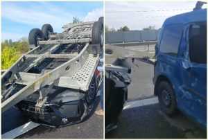 page 1 - (VIDEO) Accident pe Autostrada A1 București-Pitești! Platformă răsturnată