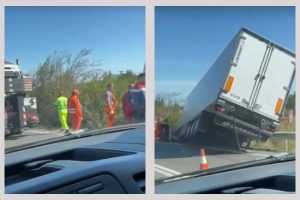 (Video) Acum în Argeș! Tir căzut în șanț pe DN 65B! 7 tir in sant