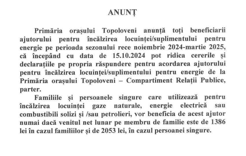 Anunț de interes pentru locuitorii din Topoloveni 1 anunt Topoloveni