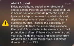 ro alert tulcea - Un nou mesaj RO-Alert pentru cetățenii din Tulcea: „Există posibilitatea căderii unor obiecte din spațiul aerian“