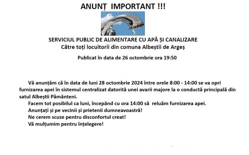 anunt apa Albeștii de Argeș