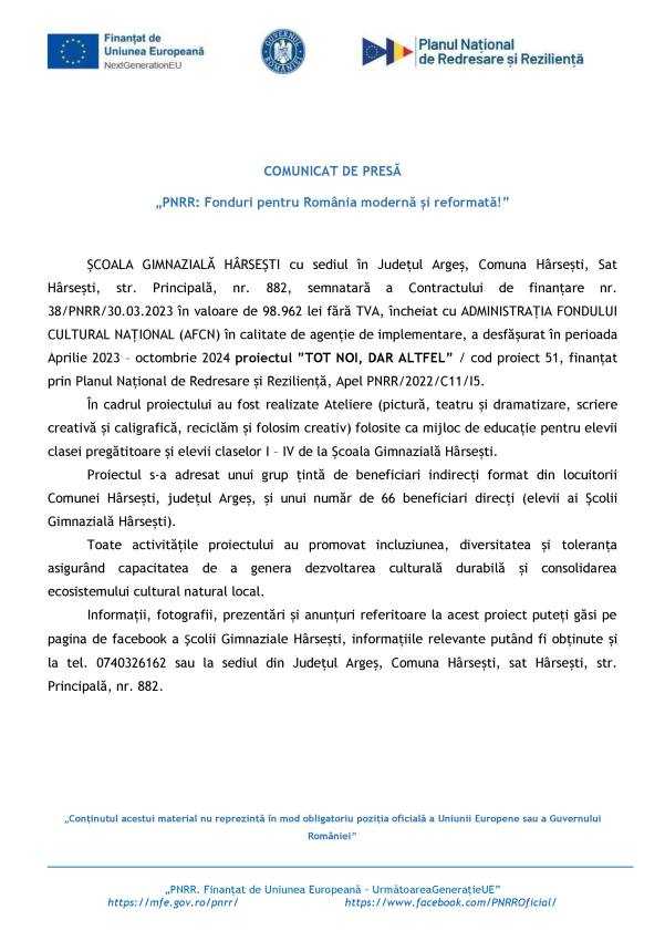 „PNRR: Fonduri pentru România modernă și reformată!” 1 13.1 COMUNICAT PRESA finalizare proiect - „PNRR: Fonduri pentru România modernă și reformată!”