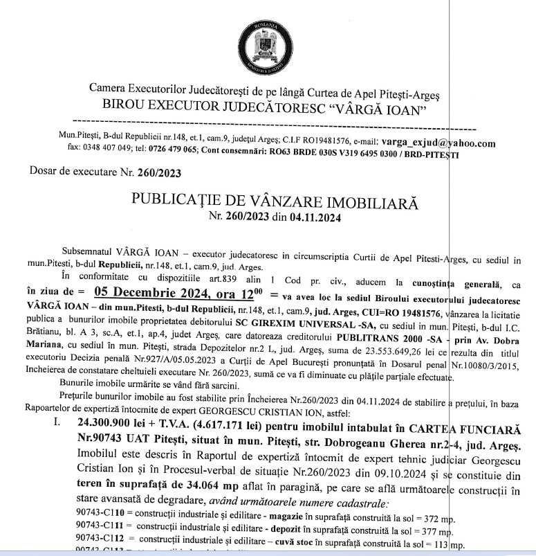 Terenuri de 6 milioane euro ale Girexim - executate silit în dosarul Publitrans 1 publicatie vanzare terenuri Girexim