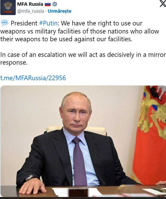 Vladimir Putin mesaj la adresa aliaților Ucrainei: „Avem dreptul să ne folosim armele împotriva acelor națiuni care permit ca armele lor să fie folosite împotriva instalațiilor noastre” 1 Vladimir Putin Rusia
