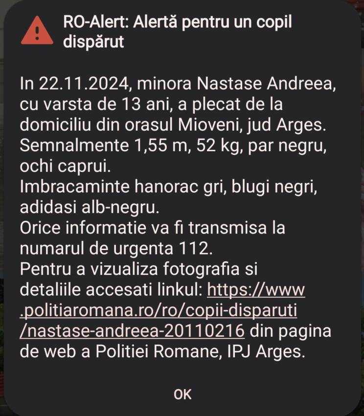 Minora de 13 ani din Mioveni dată dispărută - a fost găsită de polițiști 1 WhatsApp Image 2024 11 22 at 13.35.23 - Minora de 13 ani din Mioveni dată dispărută - a fost găsită de polițiști
