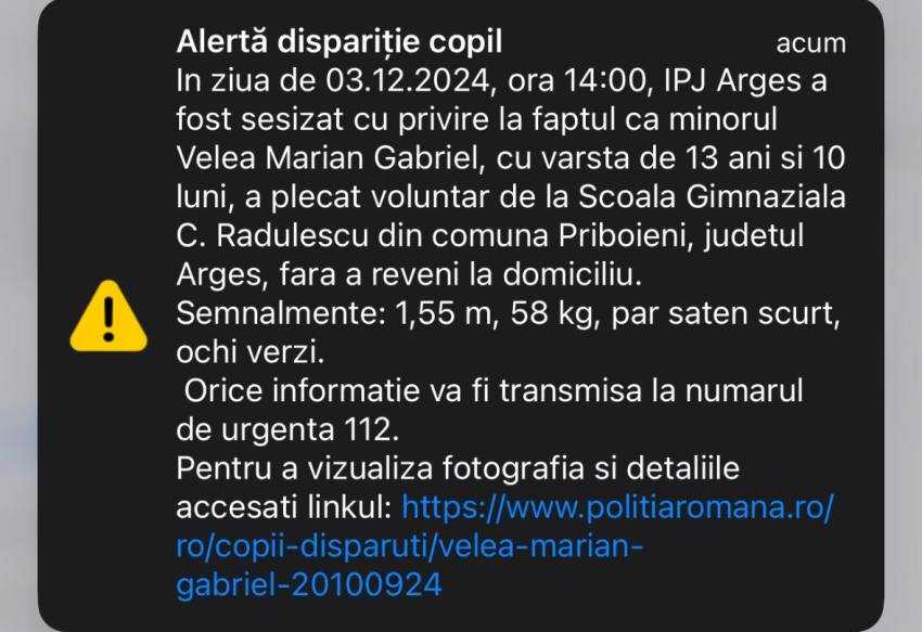 WhatsApp Image 2024 12 03 at 19.11.25 - ARGEȘ. Unde a fost găsit minorul de 14 ani din Priboeni dat dispărut de familie