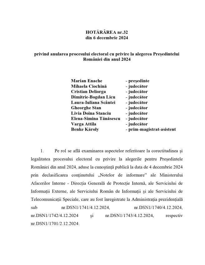 Motivarea CCR privind decizia de anulare a alegerilor prezidențiale: „Caracterul liber exprimat al votului a fost încălcat” 1 HCC 32 2024 page 0001 - Motivarea CCR privind decizia de anulare a alegerilor prezidențiale: „Caracterul liber exprimat al votului a fost încălcat”