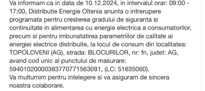 Întreruperi de curent anunțate la Topoloveni în zilele de 10 și 11 decembrie 1 1 - Întreruperi de curent anunțate la Topoloveni în zilele de 10 și 11 decembrie
