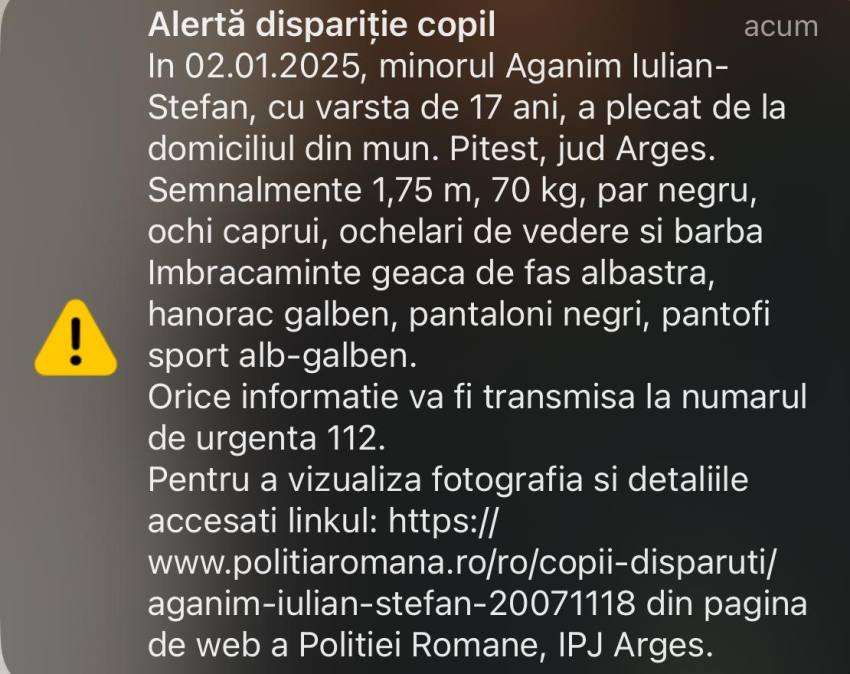 Mesaj RO-ALERT în cazul unui adolescent din Argeș dat dispărut 1 mesaj ro-alert copil disparut