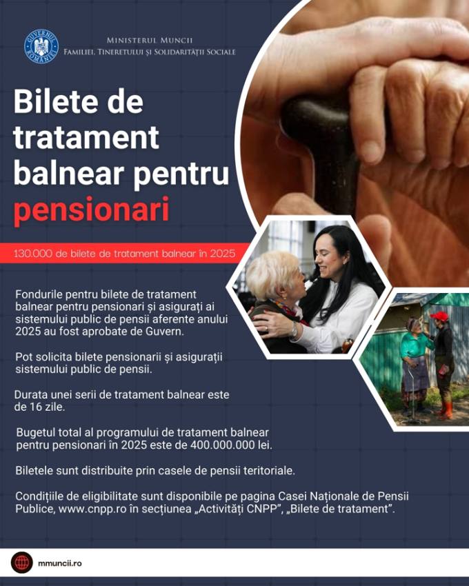 Veste bună pentru pensionari: 130.000 de bilete de tratament balnear pentru anul 2025 1 Sursă foto: FB MMFTSS.