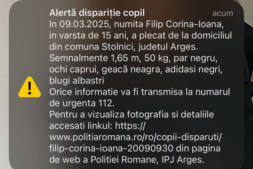 WhatsApp Image 2025 03 09 at 17.43.18 - Mesaj RO-Alert! Fată de 15 ani din Argeș dată dispărută