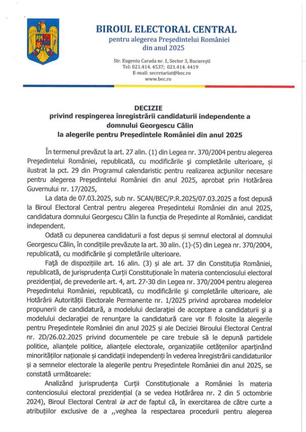 Candidatura lui Călin Georgescu respinsă, protestatarii cer libertate. Cum motivează BEC decizia 9 decizie 18D 1 - Candidatura lui Călin Georgescu respinsă, protestatarii cer libertate. Cum motivează BEC decizia