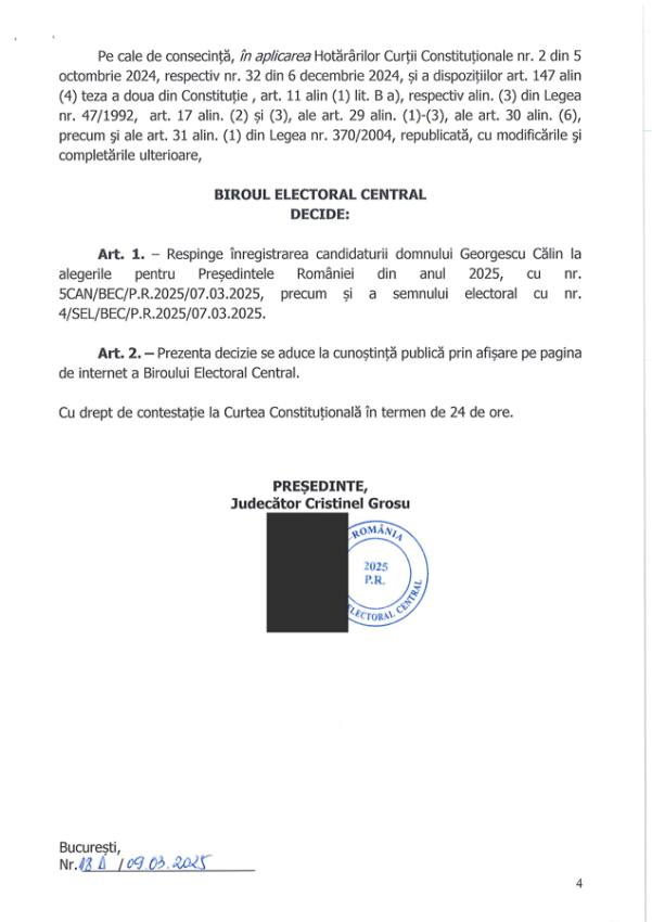 Candidatura lui Călin Georgescu respinsă, protestatarii cer libertate. Cum motivează BEC decizia 12 decizie 18D 4 - Candidatura lui Călin Georgescu respinsă, protestatarii cer libertate. Cum motivează BEC decizia
