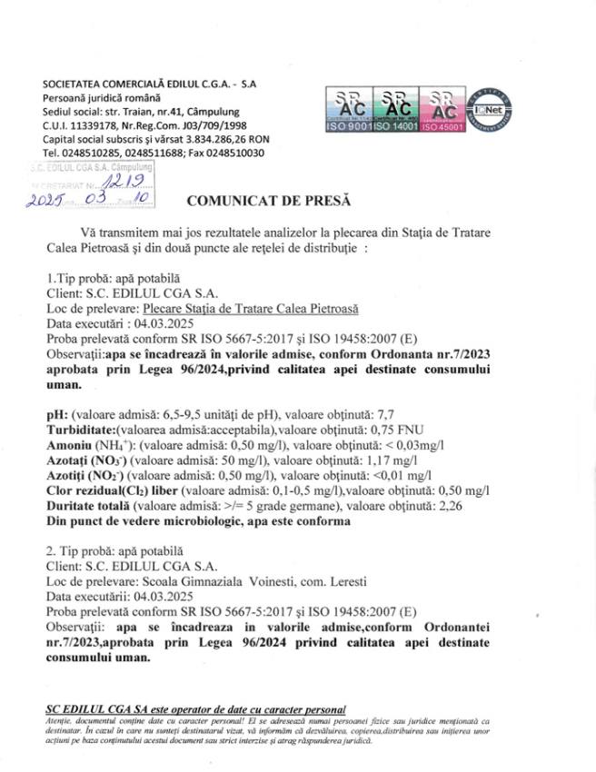 Comunicat calitatea apei nr 1219 din 10 martie 1 - Calitatea apei potabile. Rezultatele analizelor efectuate de S.C. EDILUL CGA S.A