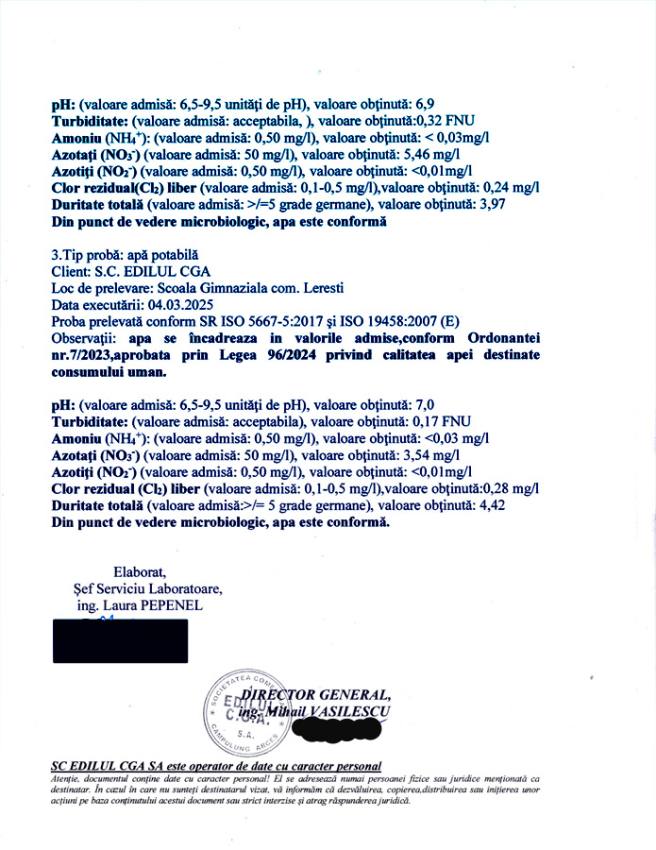 Calitatea apei potabile. Rezultatele analizelor efectuate de S.C. EDILUL CGA S.A 2 Comunicat calitatea apei nr 1219 din 10 martie 2 - Calitatea apei potabile. Rezultatele analizelor efectuate de S.C. EDILUL CGA S.A