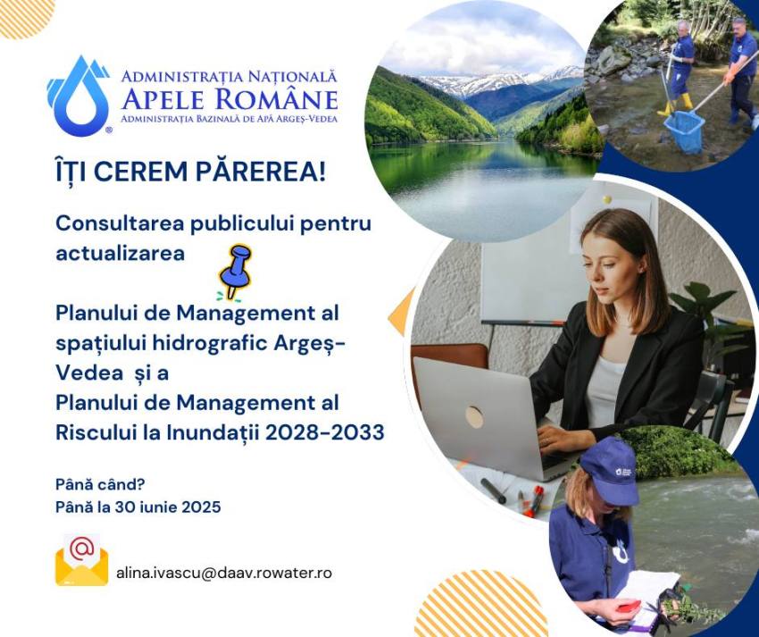 Consultarea publicului pentru actualizarea Planului de Management al spațiului hidrografic Argeș-Vedea și a Planului de Management al Riscului la Inundații 2028-2033 1 Consultarea Publicului 1 - Consultarea publicului pentru actualizarea Planului de Management al spațiului hidrografic Argeș-Vedea și a Planului de Management al Riscului la Inundații 2028-2033
