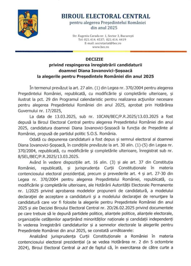 decizie 34D 1 - BEC a publicat decizia în cazul Dianei Șoșoacă