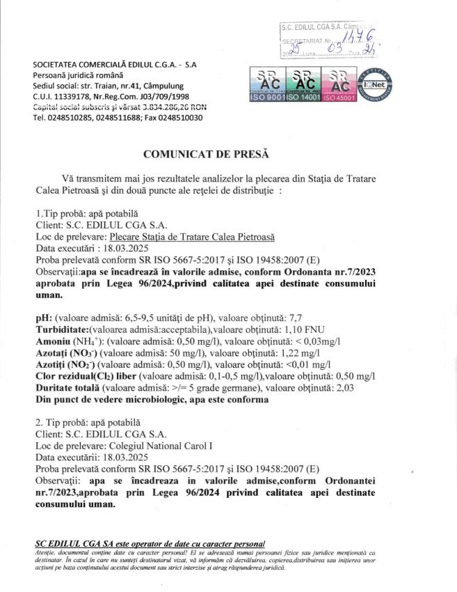 Comunicat calitatea apei nr 1476 din 24 martie page 0001 - Câmpulung. Calitatea apei potabile verificată de S.C. EDILUL CGA S.A