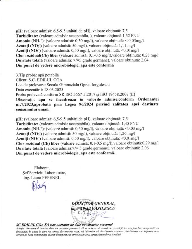 Comunicat calitatea apei nr 1476 din 24 martie page 0002 - Câmpulung. Calitatea apei potabile verificată de S.C. EDILUL CGA S.A
