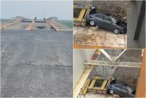 page 1 - A căzut cu mașina de pe un pod aflat în construcție și a scăpat nevătămat!