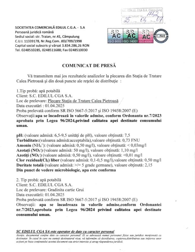 Comunicat calitatea apei nr 1742 din 7 aprilie page 0001 - Calitatea apei potabile la Câmpulung. Rezultatele analizelor efectuate de S.C. EDILUL CGA S.A