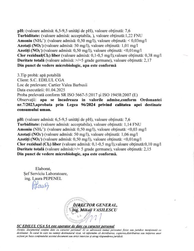 Comunicat calitatea apei nr 1742 din 7 aprilie page 0002 - Calitatea apei potabile la Câmpulung. Rezultatele analizelor efectuate de S.C. EDILUL CGA S.A