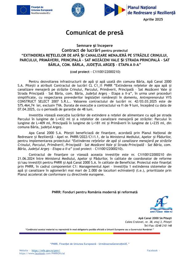 Apă Canal 2000 S.A. - Anunț important pentru locuitorii comunei Bârla 1 comunicat semnare CL barla apr2025 1 1 - Apă Canal 2000 S.A. - Anunț important pentru locuitorii comunei Bârla