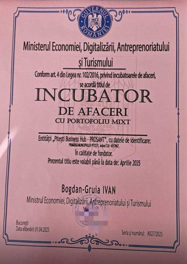 Cristian Gentea anunță: Am obţinut titlul de Incubator de Afaceri cu portofoliu mixt pentru Piteşti - Business Hub Prosant! 1 Sursă foto: FB Cristian gentea