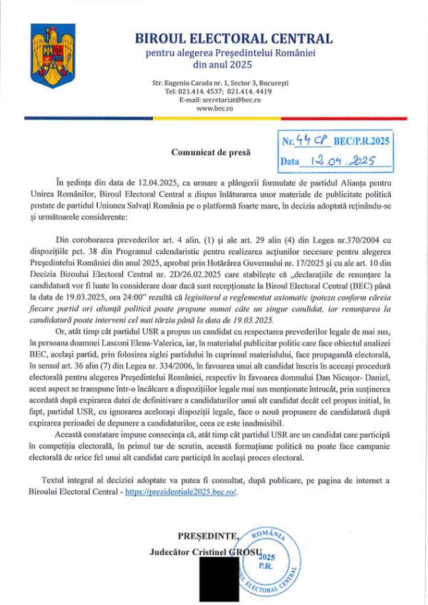 comunicat bec nicusor dan - E stabilit: USR nu poate face campanie electorală pentru Nicușor Dan