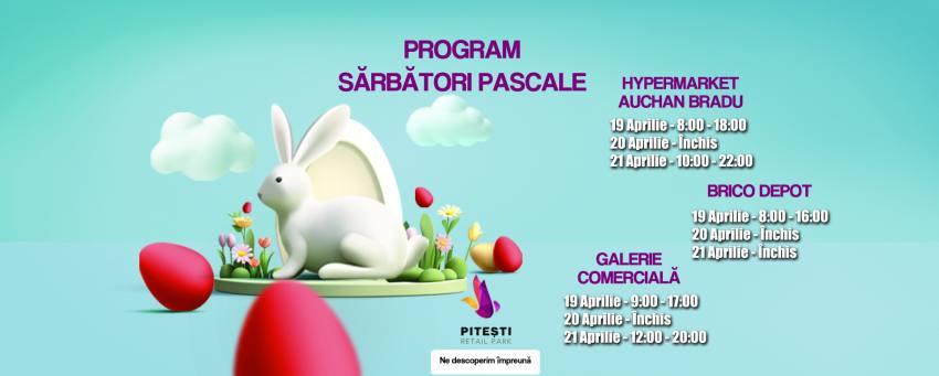 Branduri noi și oferte pe măsură. Programul de sărbători la Pitești Retail Park 1 Program Paste Pitesti Retail Park - Branduri noi și oferte pe măsură. Programul de sărbători la Pitești Retail Park