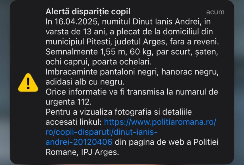 Mesaj RO-Alert pentru dispariția unui copil de 13 ani din Pitești 2 copil dat disaprut